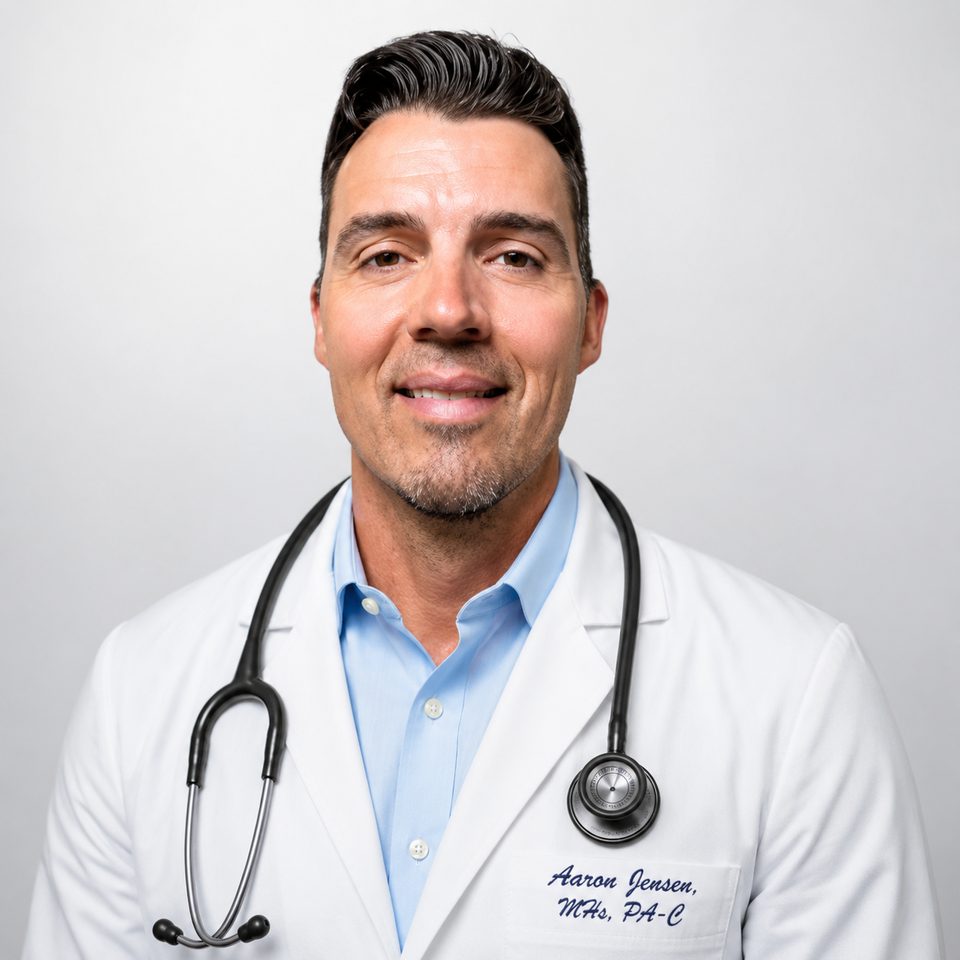 Aaron Jensen, MHS, PA-C, smiling, in a white coat with a stethoscope